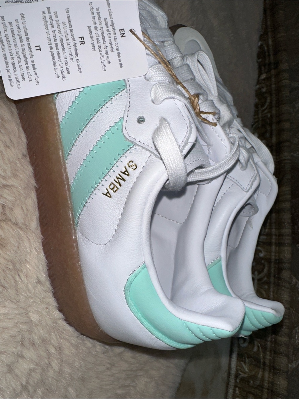 adidas White Sneakers with Mint Green Stripes and Gum Sole - Picture 8 of 14